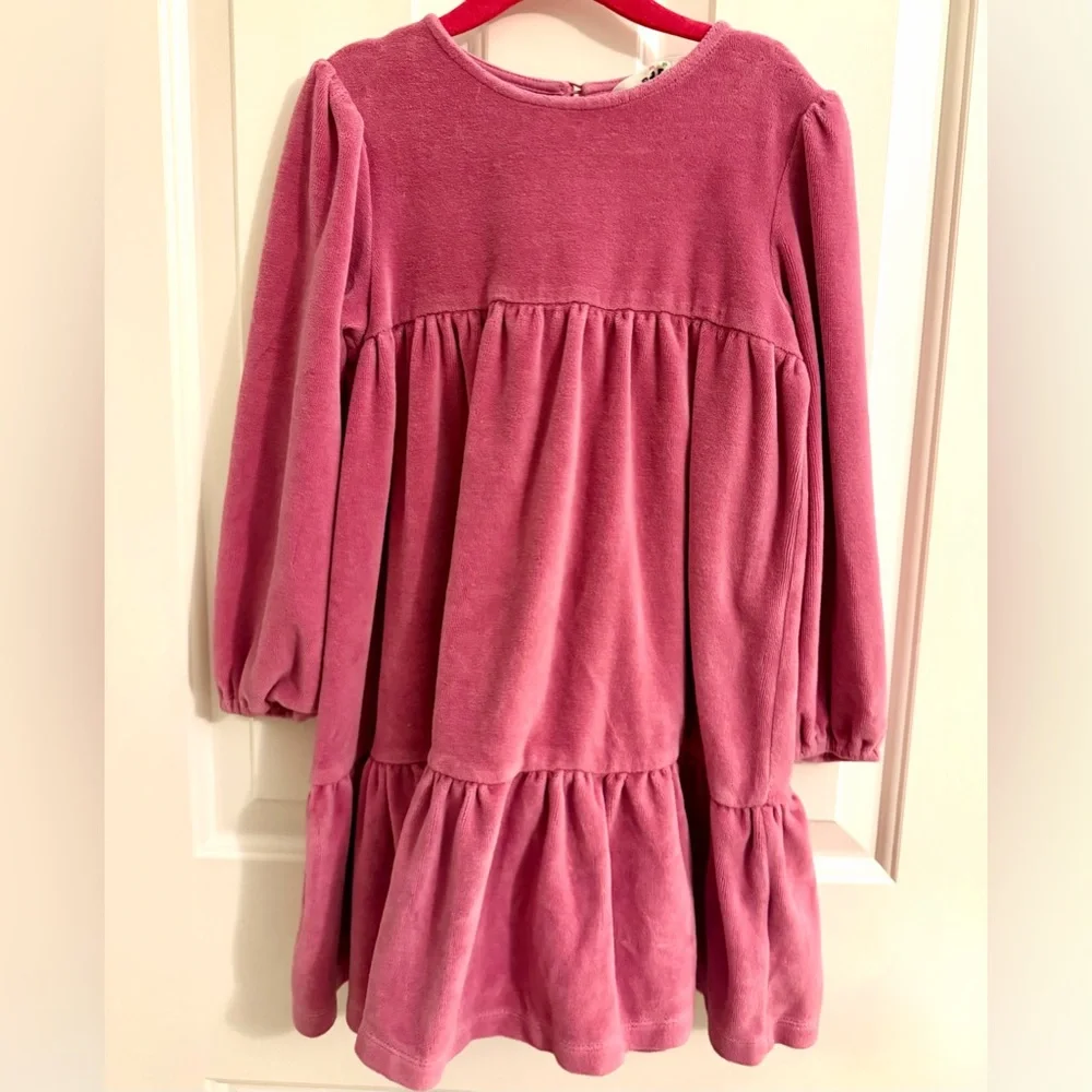 Mini Boden Teacup Pink Velour Tiered Long Sleeve Dress